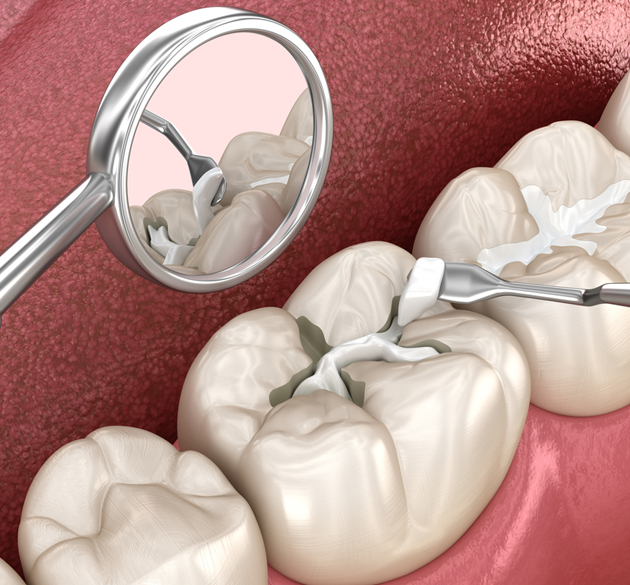Dental mirror examining white tooth models on pink dental background surface.