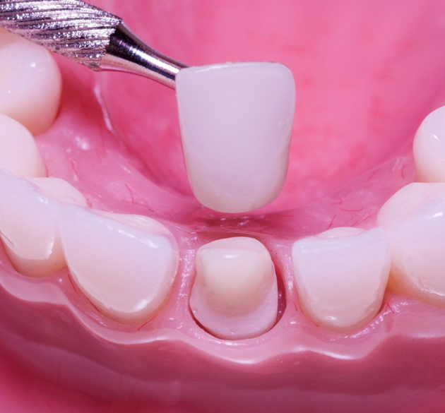 Dental crown placement demonstration on pink model showing tooth preparation and ceramic restoration.
