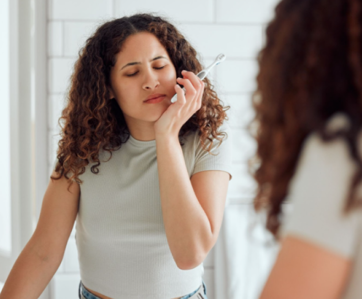 Woman examining her smile in bathroom mirror, applying skincare product to face.