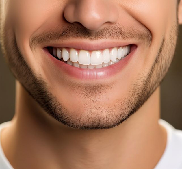 Man displaying bright white teeth and healthy smile against neutral background.